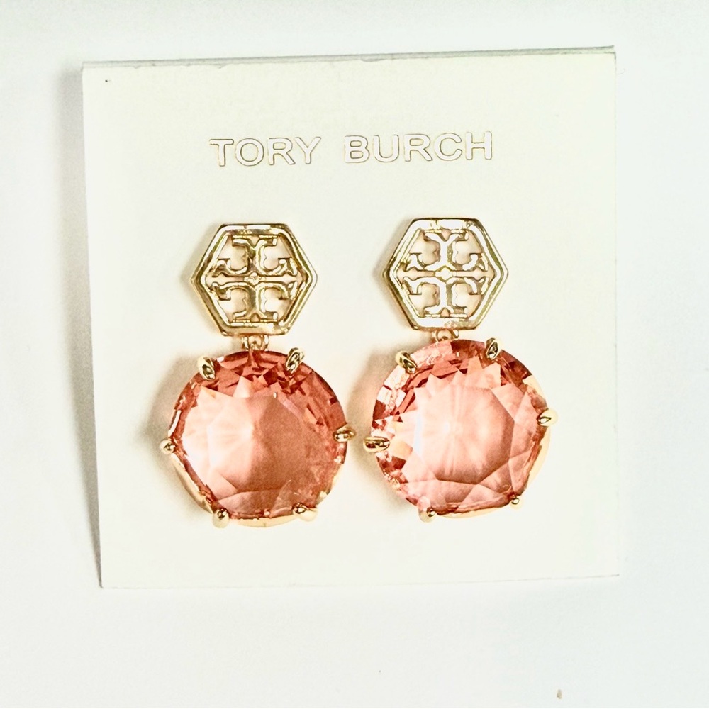Tory Burch Hexagon Gold and Coral Earrings